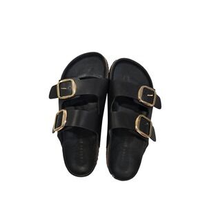 Madden Girl Black‎ Sandals Gold Buckle Slip On Cork Platform Comfort Slides- 8